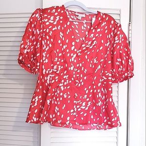 topshop red satin white ruffle plunge satin blouse 8